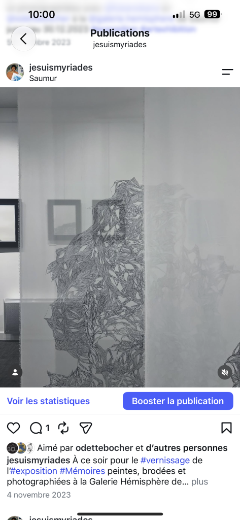 photographie de l’œuvre dans une galerie d’art : tissus blancs dessinés